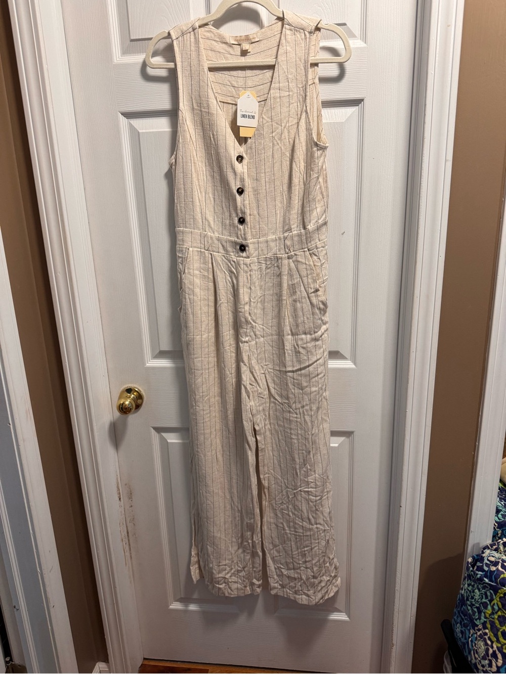 NWT Monteau Los Angeles Linen Blend Striped Wide Leg Jumpsuit